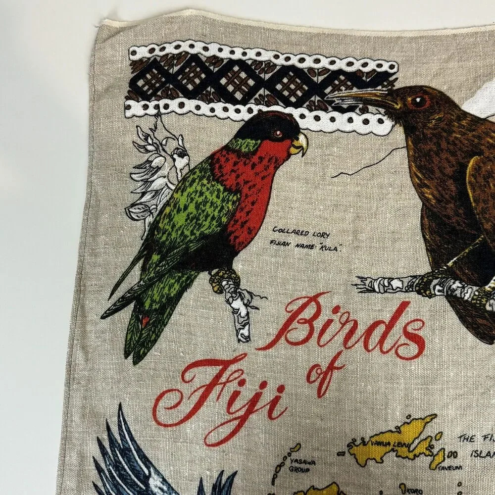 Vintage Linen Birds Of Fiji Travel Souvenir Tea Towel